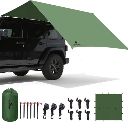AVOFOREST Tarp 3x3 Wasserdicht, Ultraleicht Zeltplane, Camping tarp mit 19 Ösen+Aluminiumstifte+Nylonseile+Haken Saugnapf, Anti-UV & Schnee & Regen, für Outdoor Camping Picknick Wandern Hängematte