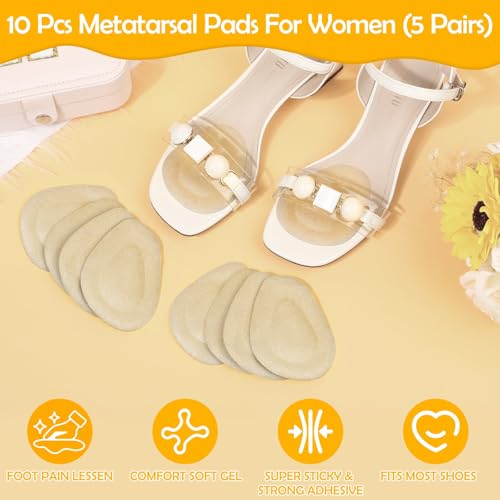 Shynek 10 Pack Metatarsal Pads Ball of Foot Cushions for Heel, Soft Gel Self Adhesive Reusable Foot Pad Insoles Forefoot and Sole Support, Pain Lessen Morton's Neuroma for Women and Men (Beige)