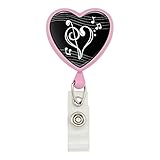 Treble Bass Clef Heart Music Black Heart Lanyard Retractable Reel Badge ID Card Holder - Pink