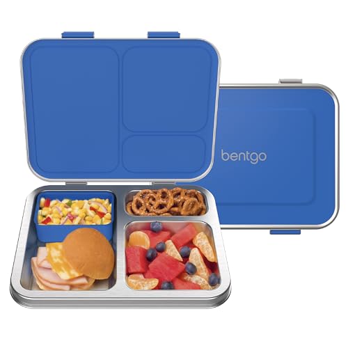 Bentgo Kids Stainless Steel Leak-Resistant Lunch Box - 3-Compartments with Bonus Silicone Container, Durable, Eco-Friendly, Dishwasher Safe, BPA-Free, Ideal for School, Ages 3+ (Blue)