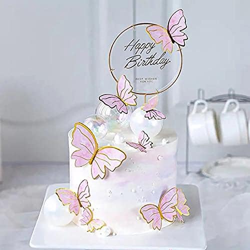 Pink Butterfly Cake Toppers, 11pcs Butterfly Cupcake Toppers Happy Birthday Metal Gold Cake Topper for Girls Women's Birthday Cake Party Decorations