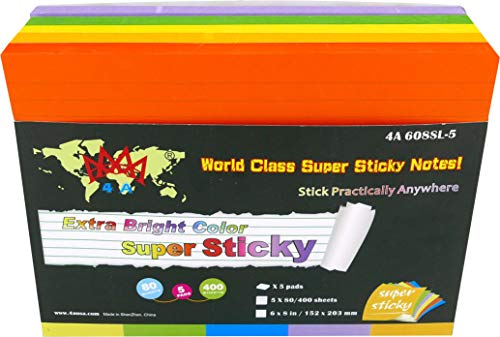 4A Super Sticky Notes,6 x 8 Inches,Large Size,Extra Bright Color Assorted,Lined,Self-Stick Notes,5 Colors,80 Sheets/Pad,5 Pads/Pack,400 Sheets/Pack,4A 608SL-5