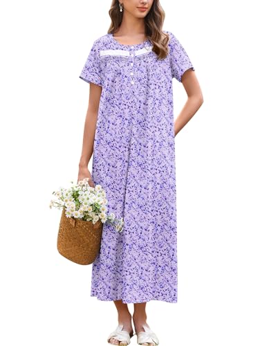 Image of Ekouaer Nightgown for Women Cotton Long Night Gown Short Sleeve Nightdress with Pockets Button Sleepshirt Soft Sleepwear