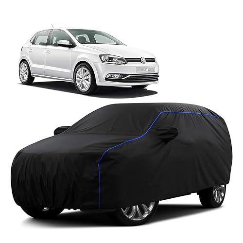 Image of Sulfar 100% Water Resistant Car Body Cover Compatible with Mirror for Volkswagen Polo (Triple Stitched, Full Bottom Elastic, Black Tafetta with Blue Piping)