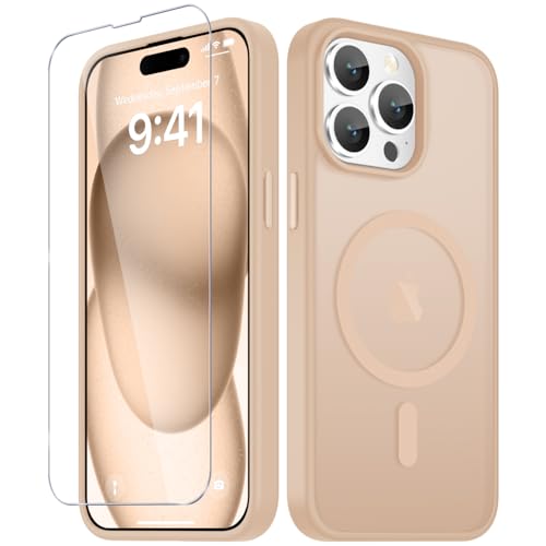 Image of YENAPOON for iPhone 14 Pro Max Case, Matte Magnetic Phone Cover [with 1 Screen Protector] [Support for MagSafe] [Shockproof Military Grade Protection] Translucent Frosted Back, Coral Pink