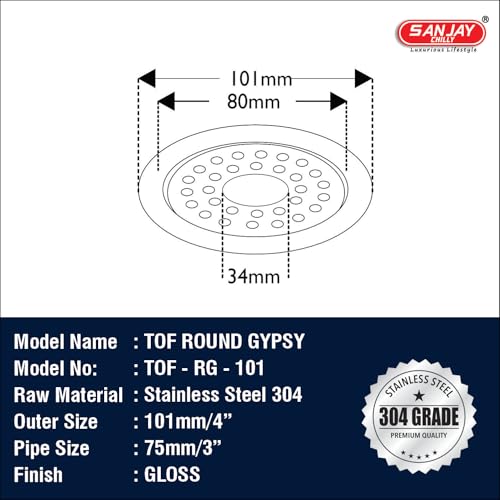 Image of Round Floor Drain with Pipe Hole 4 Inch Stainless Steel 304 Grade Kitchen Sink Cover Jali Luxurious Bathroom Gratings Water Drain Strainer Bathtub Laundry (Round Gypsy Silver 4 Inch)