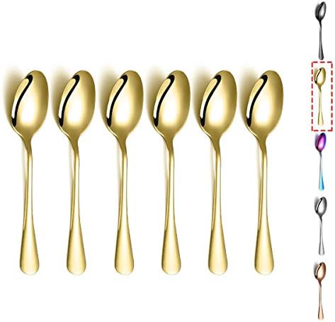 Rainbow Teaspoons, Kyraton 6 Pieces 14cm Stainless Steel Tea Spoons with Colorful Titanium Plating, Ice Cream Spoons, Dessert Spoon, Coffee Spoon,Golden Teaspoon,Spoon Silverware Pack of 6
