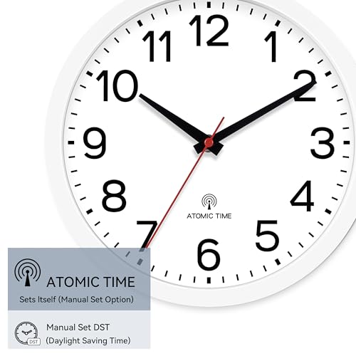 Image of AKCISOT Atomic 10 Inch Wall Clock, Analog Indoor Battery Operated Clock for Kitchen Bedroom Office Classroom Living Room (White)