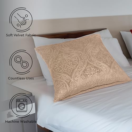 Image of Encasa XO Velvet Cushion Covers, No Inserts, Set of 2, Beige | 24 inchx24 inch | Machine Washable | Soft & Durable | Hidden Zipper, Sofa Decor
