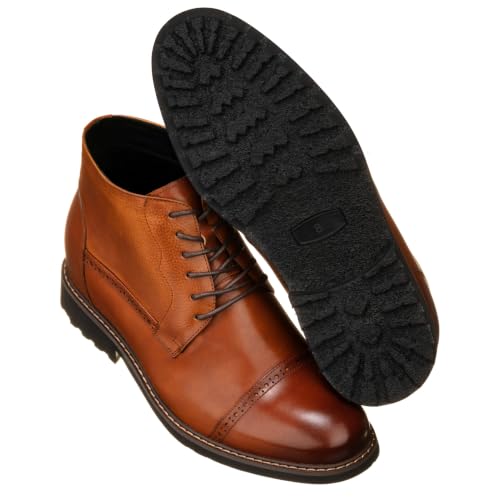 Image of CALTO Men's Invisible Height Increasing Elevator Shoes - Brown Leather Lace-up Cap-toe Boots with Inner Faux Fur - 3.2 Inches Taller - Y41085 - Size 11.5 D(M) US