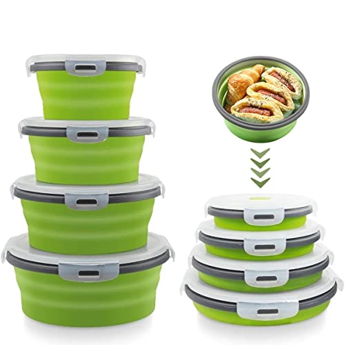 Collapsible Food Containers Bowls Storage Boxes with Lids for Camping Accessories, 4Pcs Round Silicone Lunch Flat Box Stacks Container Set for Rv Kitchen, BPA Free, Microwave & Freezer Safe Green