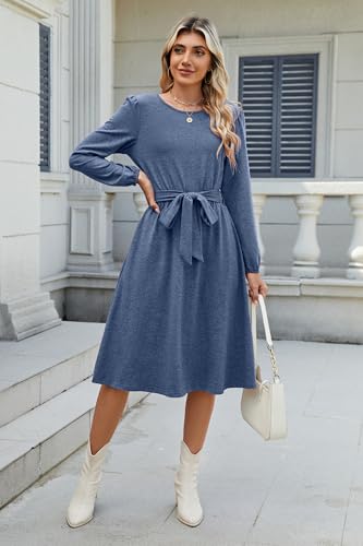 Image of Newshows Womens Long Sleeve Casual Dresses 2025 Business Work Teacher Fall Church Belted A Line Flowy Midi Dress