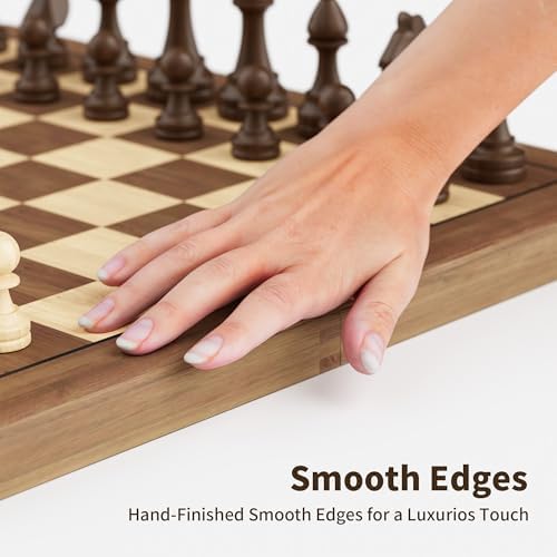 15" Wooden Folding Chess & Checkers Set - 2 in 1 Board Game with 3" King Staunton Pieces and 2 Extra Queens (Tigerwood) - 3