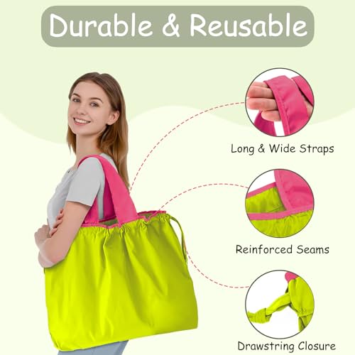 GFYFYZ Shopping Bag Foldable Large Reusable Shopping Bag Washable Shopping Bag Carry Bag with Drawstring and Handle Portable Shopping Bags for Shopping and Travel Outdoor Camping Fluorescent colour - Image 3