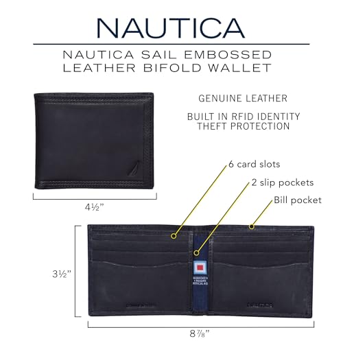 Image of Nautica Men's Bifold Leather Wallet | RFID Blocking | ID Window | Card Slots | Organization | Durable | Stylish