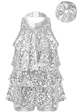 Nyeemya Vestido Brillantes para Niña Maillot Lentejuelas de Patinaje Artistico Leotardo con volantes de Gimnasia Ritmica Traje de Baile con banda elástica metálica Plateado 13-14 años