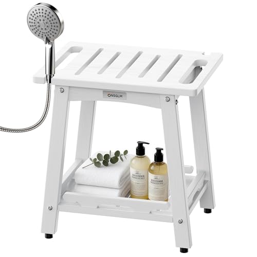 ONSGLM Shower Bench Seat, Non-Slip Shower Benches for Inside Shower to Sit on, HDPE Waterproof Shower Stool for Shaving Legs, Shower Chair with Adjustable Feet for Bathroom, Indoor/Outdoor Use, White