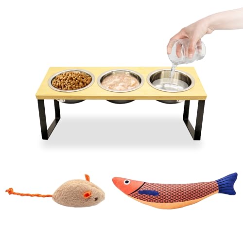 Valuepeak Elevated Cat Bowls with 3 Stainless Steel Bowl and 2 Catnip Cat Toys (Saury Fish and Plush Mice)