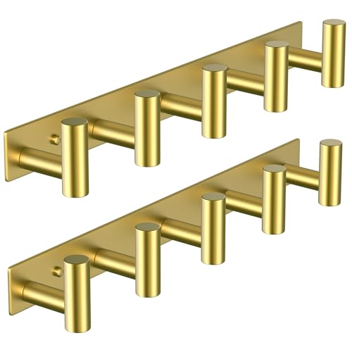 Image of VAEHOLD Hat and Coat Wall Mount Rack - Hooks for Robes, Bags, Keys, and Towels - Bathroom Towel Hanger Organizer (Gold, inchT inch Shape 5 Hooks 2 Pack)