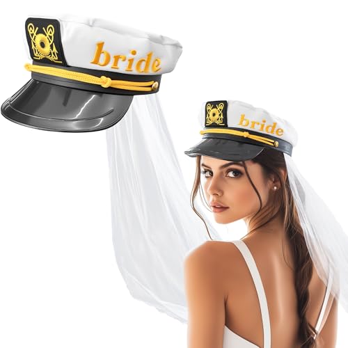 Hosrnovo Bride Captain Hat Bride to Be Hat with White Veil Beach Bachelorette Party Accessories Funny Gift for Bridal Shower Wedding and Engagement