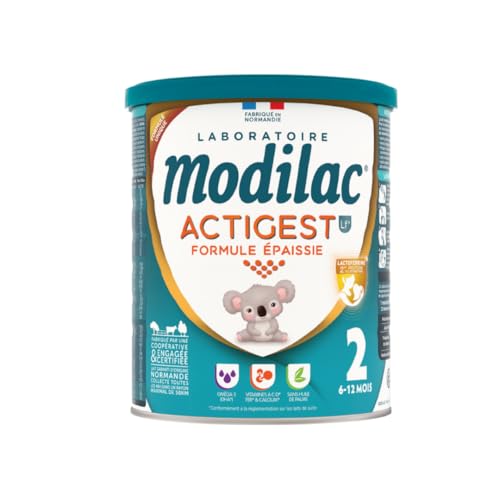 Modilac Actigest Lf+ 2 - Lait de suite en poudre- Formule Épaissie et Enrichie en Lactoferrine d’origine bovine - Fabriqué en France Sans Huile de Palme – 2ème Age, de 6 à 12 Mois – Pack de 800g