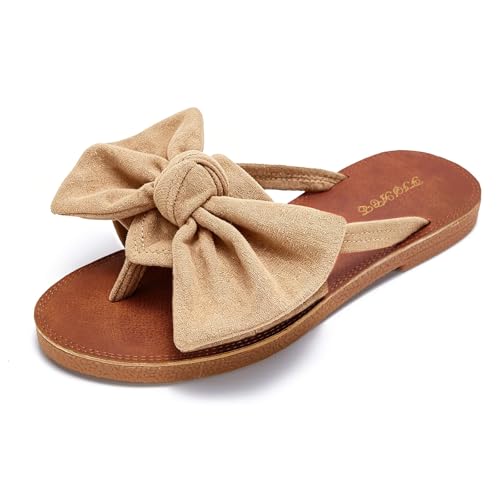 Image of FISACE Womens Bow Flat Sandals Flip Flops Slide Sandals Summer Beach Shoes