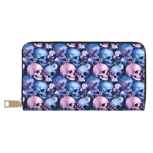 Leather Thin Slim Wallets for Women Men - Fashion Pink Skull Flower Print Card Wallet Holder with Zipper