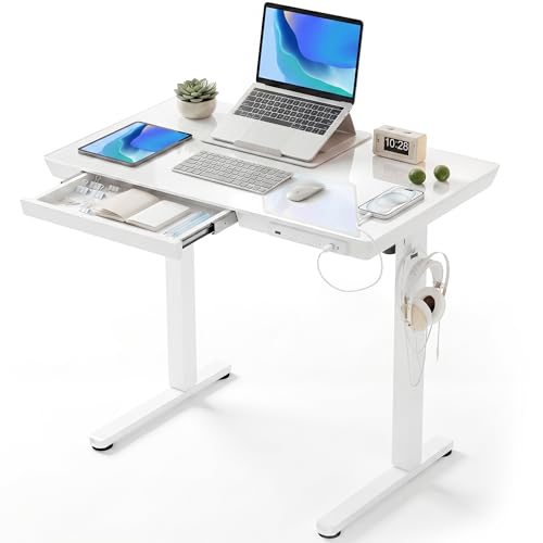 Image of Claiks Small Glass Standing Desk with Drawers & USB Ports 35x19 White