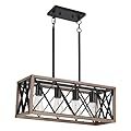 KEESFU 4-Light Dining Room Light Fixture, Farmhouse Kitchen Island Lighting,Adjustable Height Pendant Light, Rustic Linear Chandelier for Kitchen, Dining Room Table, Pool Table. (Wood Grain Color)