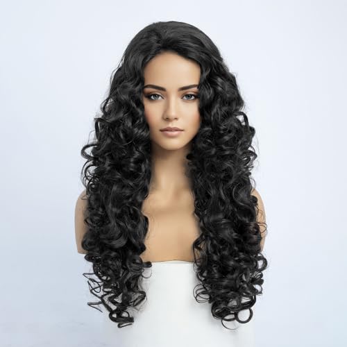 Perücke Schwarze Locken Lang für Frauen Lockige Perücke Schwarz Asiatisch Damen für Karneval Halloween Fasching Cosplay Kostüm Black Long Hair Wig Women (60cm)