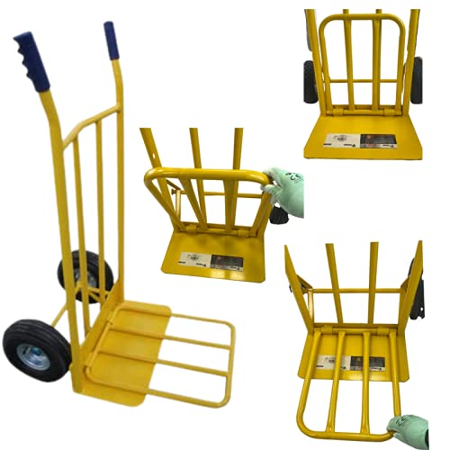 Carretilla de Carga Profesional con Ruedas neúmaticas de 260mm, Carga máxima de 300kg,chasís Tubular de Acero 25mm Color Amarillo.Peso 16kg y Pala abatible de 43cm