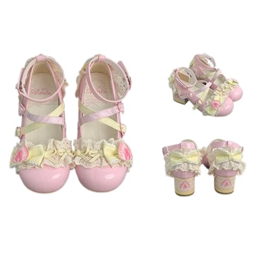 ZQW Sweet Lolita Mary Jane Shoes Kawaii Strawberry Cake Pumps for Women Handmade Chunky Mid Heel Girls Cosplay Party Shoes
