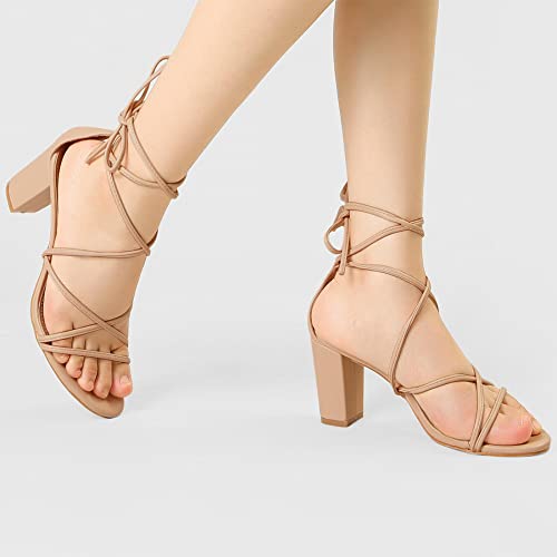 Allegra K Women's Strappy Straps Lace Up Chunky Heel Nude Heels Sandals 7 M Us #TOP1