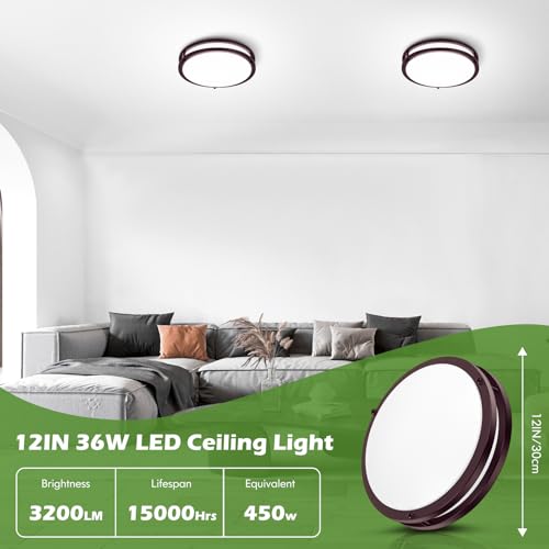 Image of 2-Pack 36W Dimmable LED Ceiling Lights, 12inch Oil Rubber Bronze Flush Mount Light Fixtures 3600LM 2700K /3000K /4000K /5000K /6500K Adjustable Ceiling Lights, Modern Lighting for Kitchen Hallway Bathroom