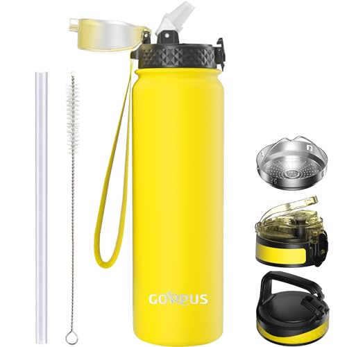 GOPPUS 1L/32oz Stainless Water Bottle with Straw Double Wall Insulated Bottles with Strap Reusable Vacuum Thermal Flask Leakproof Keep Cold Drinks Bottles with Flip Top Lid for Gym Men Women BPA Free