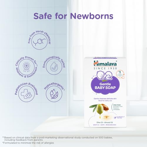 Image of Himalaya Gentle Baby Soap for Newborns | No Post Bath Dryness | B3G1 FREE - 125g | Gentle Cleansing With Phyto-Oil Complex of 100% Natural Oils of Almond & Olive| No. 1 Doctor Recommended Brand