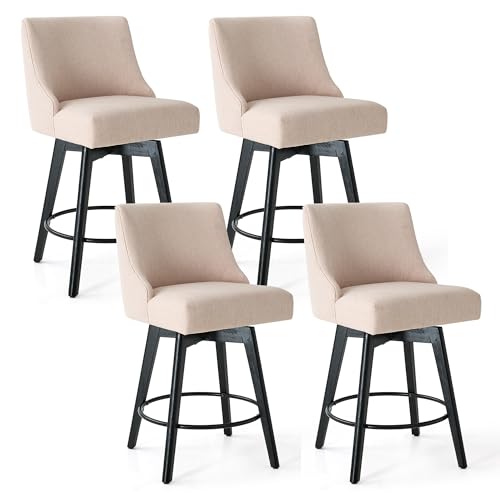 Image of Swivel Counter Height Bar Stools Set of 4, Modern Fabric Swivel Barstools with Contoured Back and Solid Wood Legs, Upholstered Counter Stool Bar Chairs for Kitchen Island, Home Bar, Beige