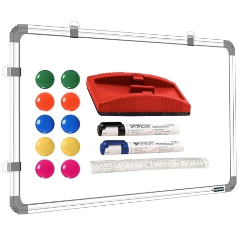 Image of YAJNAS Magnetic Whiteboard, 2x2 feet, Regular Steel Surface with Aluminium Frame, 10 Magnets, 2 Markers, Eraser, Scale for Home Office, School (2x2 Feet Combo Pack)
