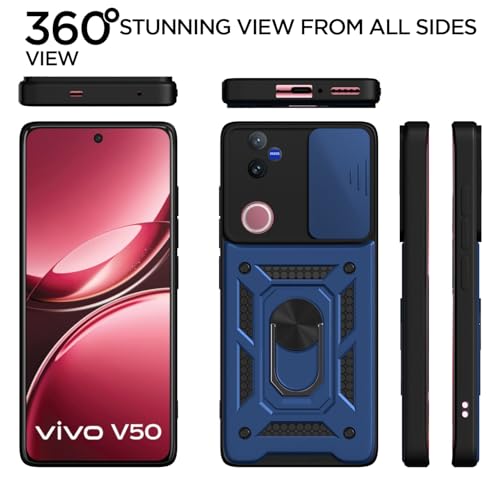 Image of Outlouders Back Cover for Vivo V50 5G | D10 Tough Armor 360 Protection Case with Sliding Camera Shield & Ring Holder Stand Bumper Case (Blue)