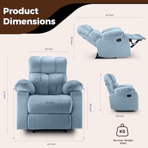 Image of Little NAP Helios Soft Suede Fabric Single Manual Standard Recliner | Padded 1 Seater Aaram Sofa | Relaxing Chair for Home Office Living Bed Room | Sky Blue