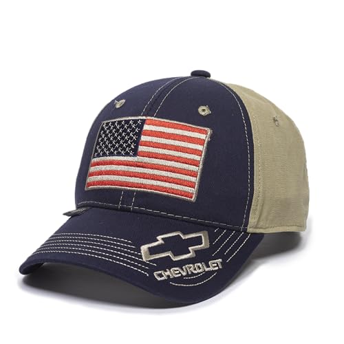 Chevrolet American Flag Baseball Cap Low Profile Structured Cotton Hat with USA Flag Patch Adjustable Hook and Loop Closure Navy/Khaki One Size