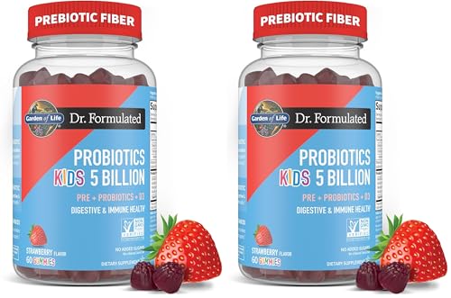 Image of Garden of Life Dr Formulated 5 Billion CFU Prebiotic Fiber, Probiotic and Vitamin D3 for Kids Digestive & Immune Health - Gluten Free,Non GMO,No Added Sugars, Strawberry Flavor,60 Gummies,(Pack of 2)