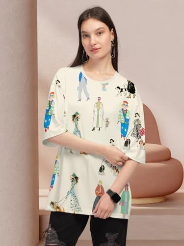Image of HELLCAT Beige Trendy Printed Oversized T-Shirt for Women