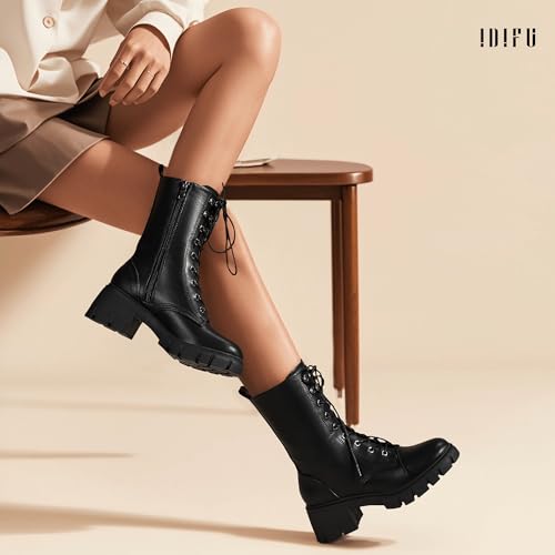 IDIFU IN3 Platform Combat Boots for Women Mid Calf Lace Up Boots Lug Sole Low Chunky Block Heel Boots Closed Round Toe Side Zipper Booties Fashion Thick Fall Heeled Boots-LOOSEN ALL LACES FIRSTLY3