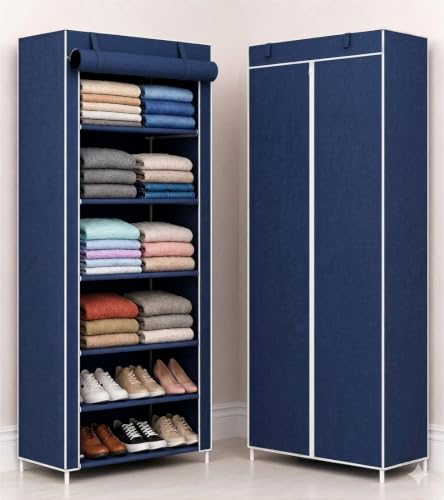 Image of Collapsible Fabric Wardrobe with 6 Shelves, Navy Blue, Metal, Rectangular, Lightweight, Modern, Foldable Clothes Storage Organizer (Blue)