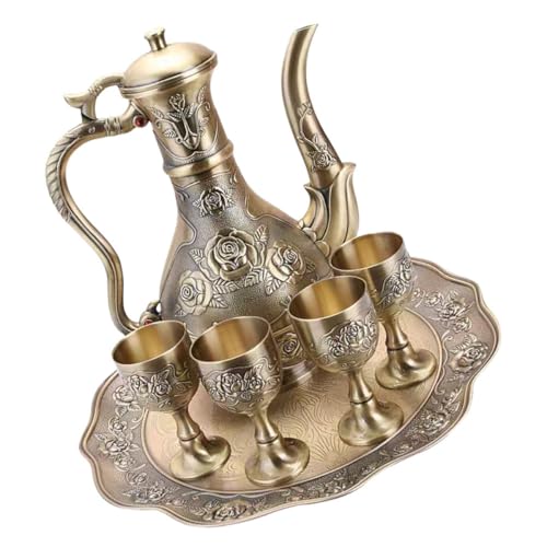 Artibetter Vintage Turkish Coffee Pot and Tea Cup Set - 500ml Metal Embossed Rose Design Antique Bronze Tea Serving Kettle with Tray - Six-Piece Barware for Home Parties and Weddings