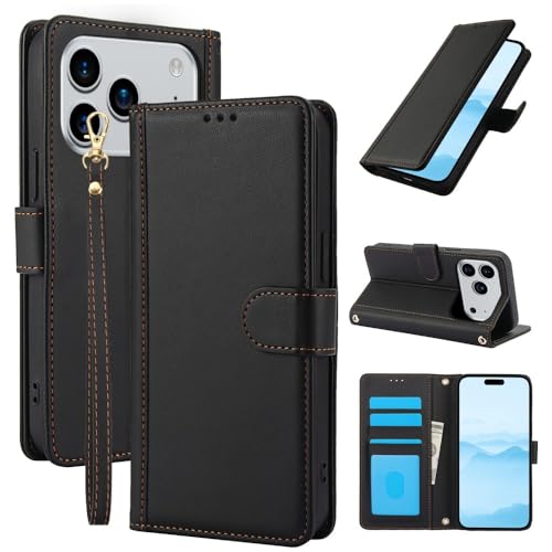 Étui pour iPhone 16 Pro Max en cuir noir avec clapet magnétique