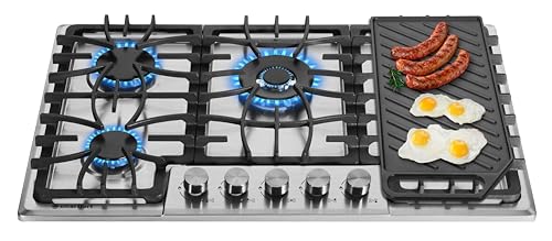 5 Burner Gas Cooktop Grill Griddle, 30 Inch LPG/NG Dual Fuel Drop in Gas Stove Top, Stainless Steel Electronic Ignition for Apartment, Outdoor, RV