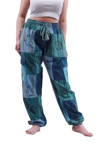 Handmade Cotton Trousers - 100% Organic Cotton, Washable, Patchwork Design, Stylish, Multicolor, 4 Pockets, Soft, Breathable, Unique Handcrafted, Durable, Comfortable Fit & Vibrant (XL, Turquoise)