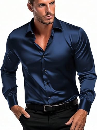Image of IndoPrimo Men's Satin Shirt with Spread Collar Neck Line Solid Pattern Full Sleeves Regular Fit Western Style and Standard Length
